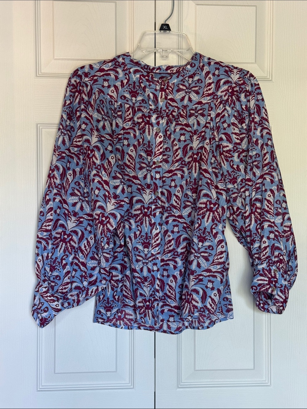 Maeve by Anthropologie Blue and Burgundy Floral Long-Sleeve Blouse